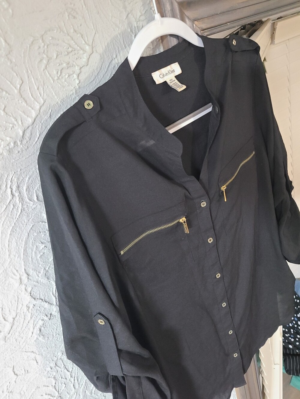Calvin Klein Black roll-sleeve utility Button-Front Shirt Gold Zipper Accents - Picture 11 of 16